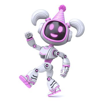 Cute pink girl robot celebrate birthday 3D rendering illustration isolated on white background