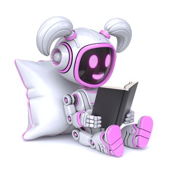 Cute pink robot girl enjoys read book 3D rendering illustration isolated on white background