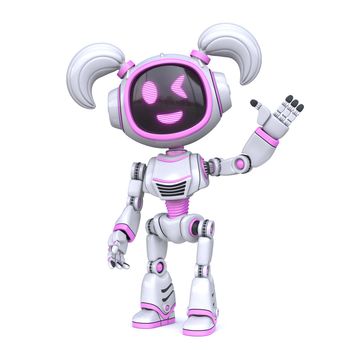 Cute pink girl robot waving hand 3D rendering illustration isolated on white background