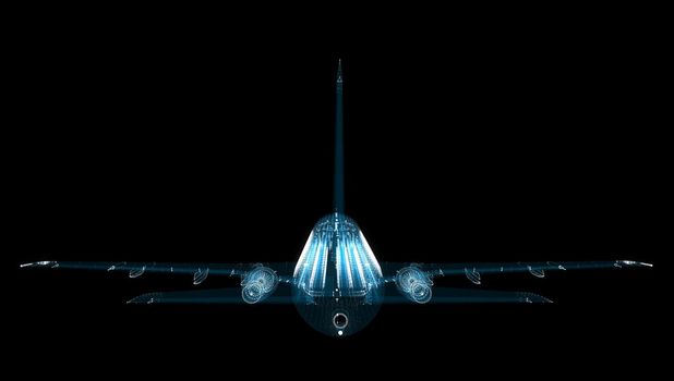 Airliner consists of luminous lines. Travel, tourism, transport and technology concept. Abstract 3d illustration of airplane