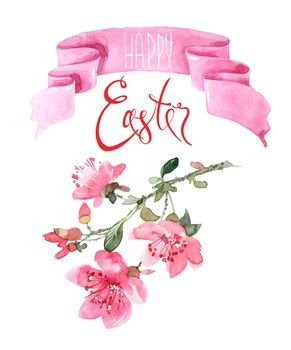 Watercolor greeting card for Easter day - flowers, lent and calligraphy lettering "Happy Easter"