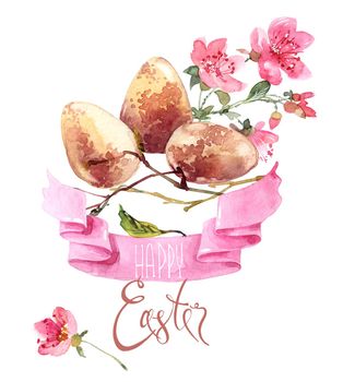 Watercolor greeting card for Easter day - eggs, flowers and calligraphy lettering "Happy Easter"