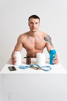 Fitness protein jars white on white background bodybuilder powder strong high