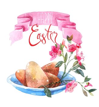 Watercolor greeting card for Easter day - eggs, flowers and calligraphy lettering "Happy Easter"