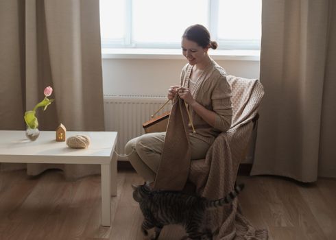 young woman knitting from woolen yarn and a cute funny tabby cat in cozy sunny room at home.