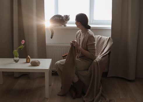 young woman knitting from woolen yarn and a cute funny tabby cat in cozy sunny room at home.