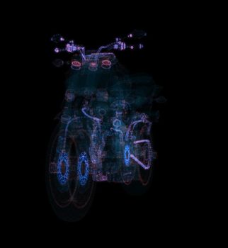 Abstract motorcycle consisting of glow points and lines. 3d illustration. Sport, transportation and techology concept