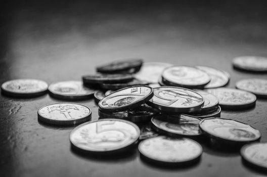 Black and white image of coins, czech currency, shallow depth of field