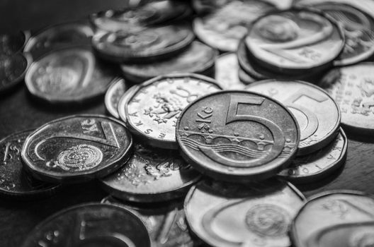 black and white Czech crown coins close up.