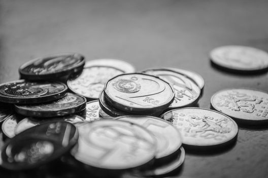 black and white 2 czech crowns coin close up, czech currency,