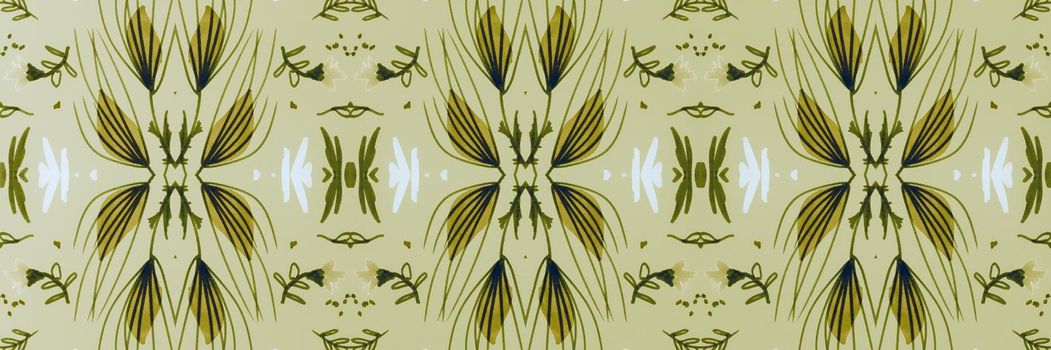 Folk flower pattern border. Seamless ethnic ornament. Hand drawn tribal texture. Geometric bohemian fabric. Flowers folk. Vintage traditional design. Watercolor abstract background. Folk florals.