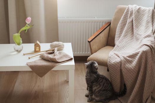 cozy home interior decor with a chair, plaid, table and knitting needles with threads, beige yarn.