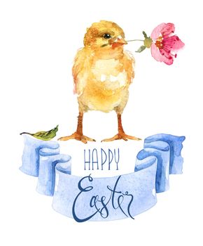 Watercolor greeting card design for Happy Easter - little yellow chick with pink flower in beak, banner with blue lent and calligraphy lettering