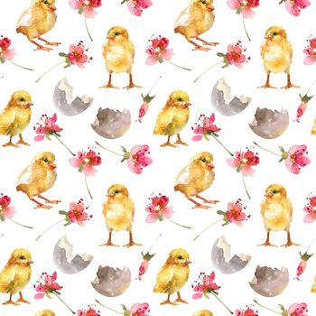 Watercolor seamless pattern for Happy Easter - little yellow chicks, egg shell and flowers