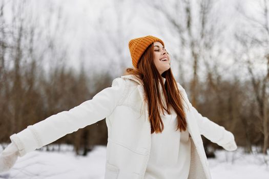 woman Walk in winter field landscape outdoor entertainment Lifestyle. High quality photo