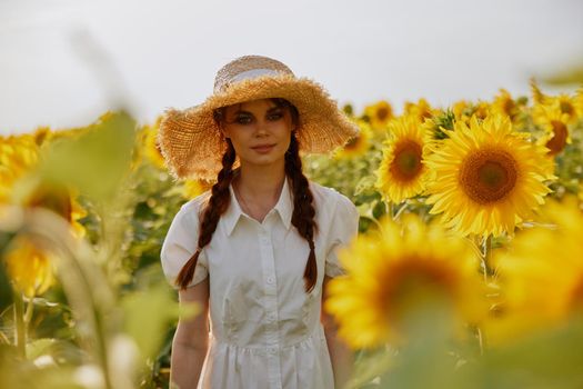 woman with two pigtails In a field with blooming sunflowers Summer time. High quality photo