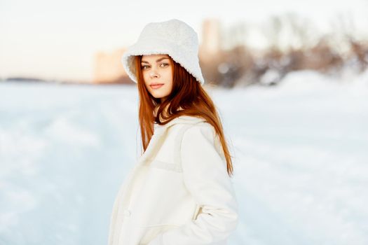 woman winter clothes walk snow cold vacation Lifestyle. High quality photo