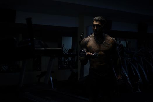 Muscular male athlete with tattooed naked torso standing in dark gym and doing dumbbell curls during workout