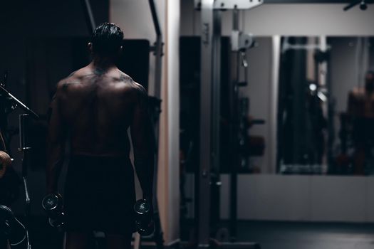 Muscular male athlete with tattooed naked torso standing in dark gym and doing dumbbell curls during workout