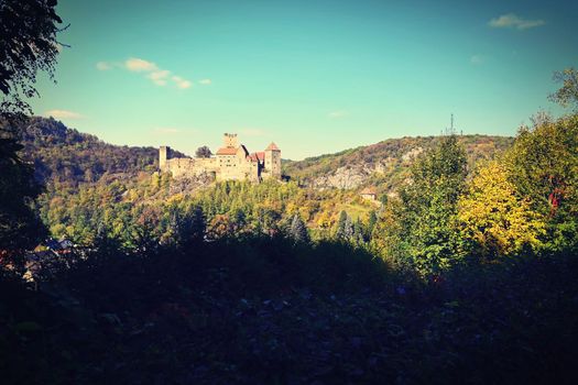 Beautiful autumn landscape in Austria with a nice old Hardegg castle.