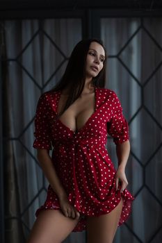 Self esteem young female with long hair in stylish mini dress with decollete standing in dark bedroom with hand on waist and looking at camera