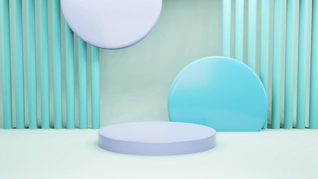 3D render illustration, Mock up podium for product presentation, pastel blue background, arc with curtains, Abstract composition in minimal design.