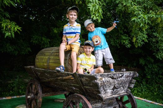 children having fun on the farm. happy boys sit on a cart in countryside.