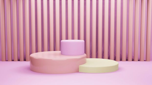 Pink Abstract geometry shape background. yellow and pink podium minimalist mock up scene for cosmetic or another product, 3d rendering.