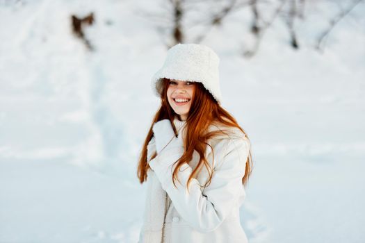 pretty woman winter clothes walk snow cold vacation Fresh air. High quality photo