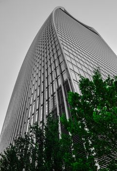 Building skyscraper curve shape line with trees. High quality photo