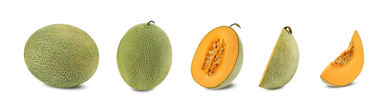 Set of some sugary cantaloupe melons in a cross-section, isolated on white background with copy space for text or images. Sweet orange flesh with seeds. Pumpkin plant family. Side view. Close-up shot.