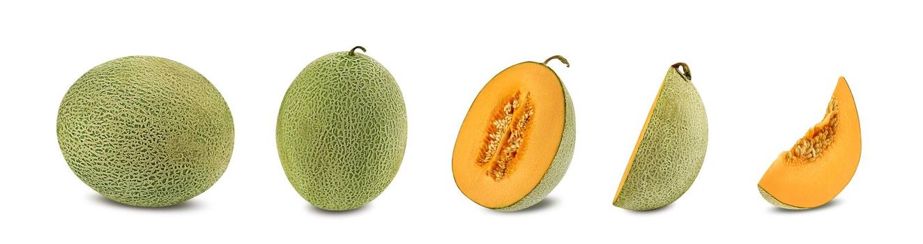 Set of some tasty cantaloupe melons in a cross-section, isolated on white background with copy space for text or images. Sweet orange flesh with seeds. Pumpkin plant family. Side view. Close-up shot.