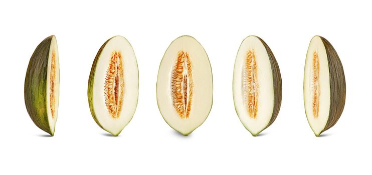 Five yummy green tendral melon halves in a cross-section, isolated on white background with copy space for text or images. Sweet flesh with seeds. Pumpkin plant family. Side view. Close-up shot.