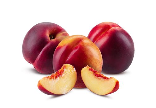 Three smooth-skinned, sappy nectarines and two slices without kernel isolated on white background with copy space for text or images. Variety of peach. Side view. Close-up shot.