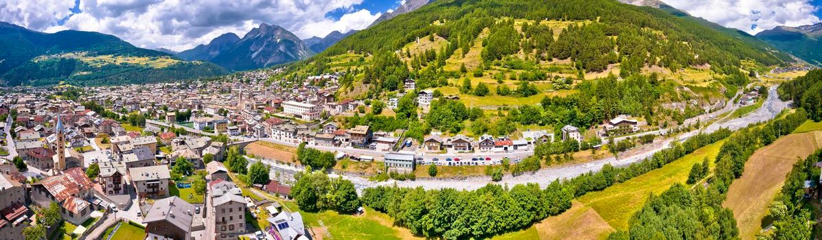 Idyllic Alpine landscape and town of Bormio panoramic view, Province of Sondrio, Lombardy, Italy