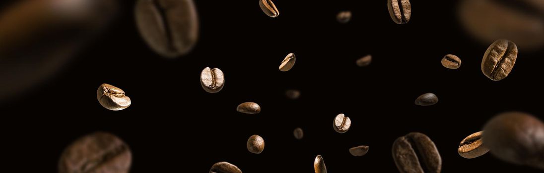 Coffee beans in flight on a dark background.