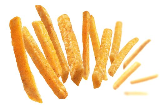 French fries levitate on a white background.