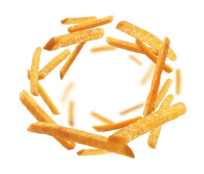 French fries levitate on a white background.