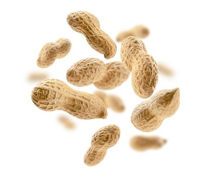 Peanuts in the shell levitate on a white background.