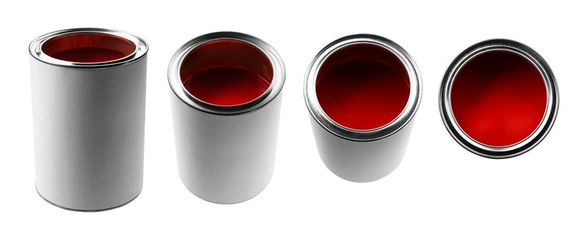 A jar with red paint in different angles on a white background.