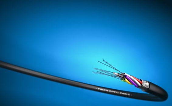 3D illustration of a fiber optic cable over blue background with copy space on the top.