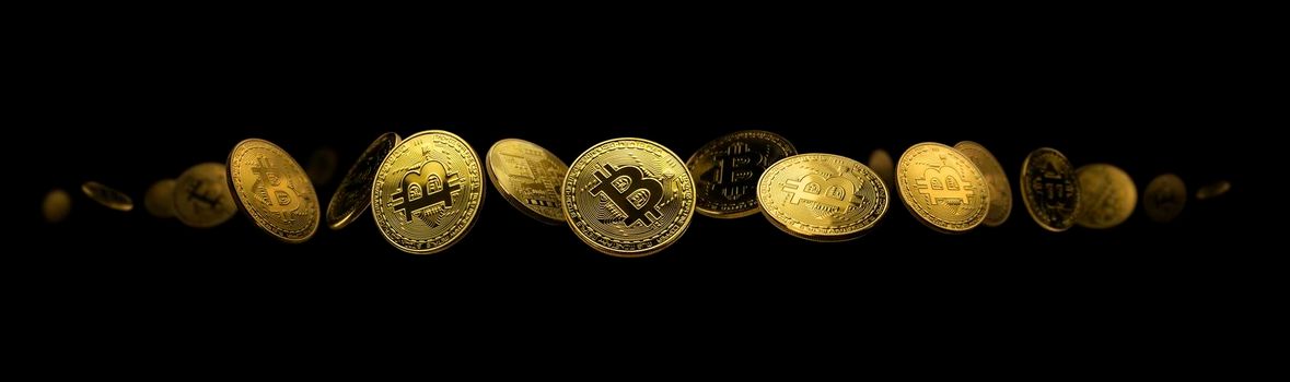 Gold coin Bitcoin levitates on a black background.