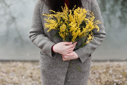 Woman holding bouquet of spring mimosa flowers on nature background.