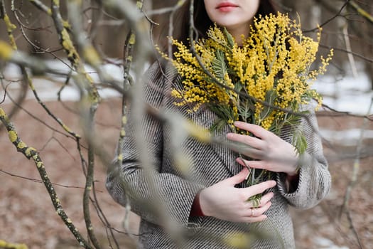Woman holding bouquet of spring mimosa flowers on nature background.