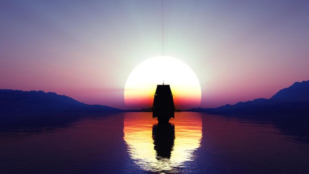 old ship at sea sunset, 3d render illustration