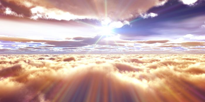 above clouds fly sunset sun ray illustration, 3d render