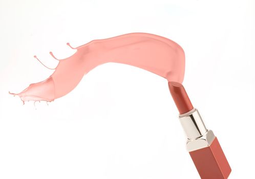 A tube of dark pink lipstick with a splash of color on white background