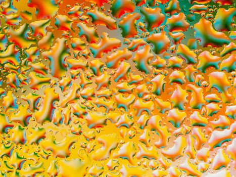 Abstract coloful vivid background with large and small convex drops of water on glass, condensation on window. Macro, close up.