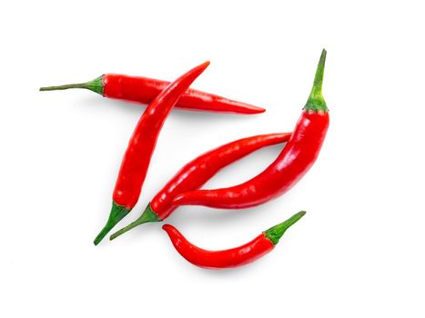 Red hot chili pepper on white background, top view