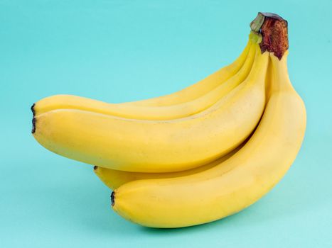 big bunch of ripe yellow bananas on bright blue background